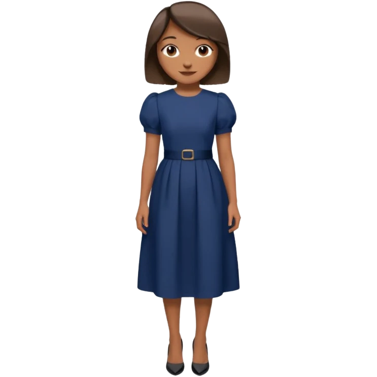 Menina pele parda, sorridente cabelo liso médio curto, roupa modesta, vestido azul marinho longo manga bufante pequeno,  salto preto mão na cintura  emoji