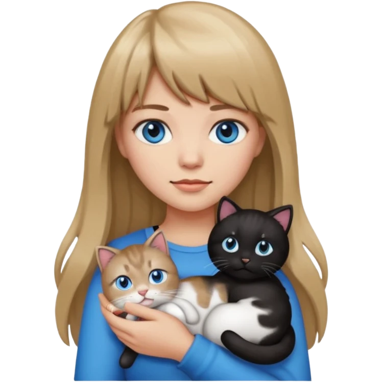 Apple-style emoji sticker of a young woman with long dark blond hair and bangs, blue eyes , holding a spotting black-and-white kitty on her chest.  emoji