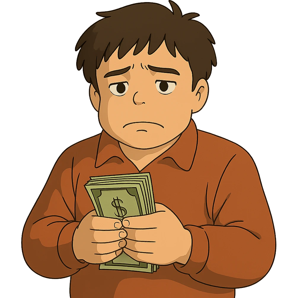 ghibli style dark brown haired guy with a round face, disappointed expression, holding a stack of cash emoji