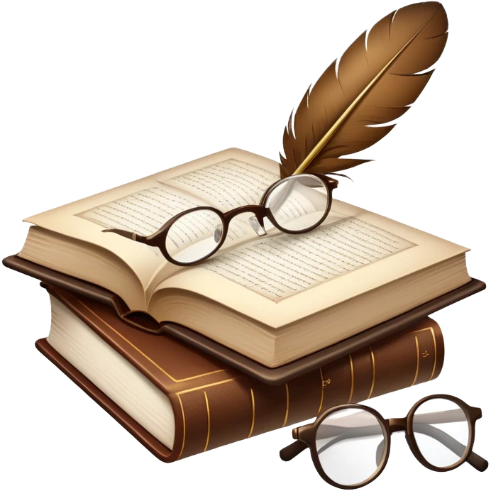 An icon showing an open classic book with elegant pages, a feather quill, and reading glasses resting on top. Behind it, a stack of literary works and a candle evoke deep study and timeless stories. Transparent background highlights the analysis of literature and texts. emoji