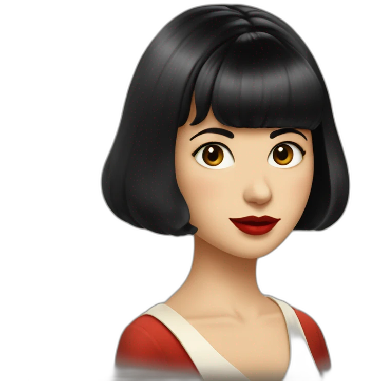 a girl who looks like amelie poulain, short bob cut with bangs, black hair, brown eyes, cherry red lips, white skin, vintage clothing emoji