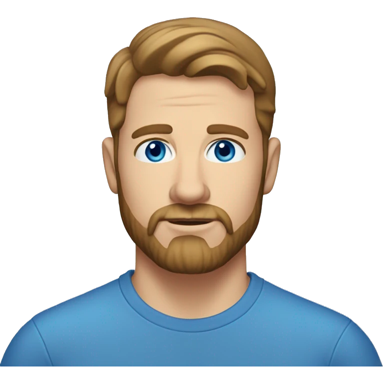A head and shoulders shot of a 34 year old white man, with short brown hair, with beard facial hair,   with blue eyes wearing a t-shirt. emoji