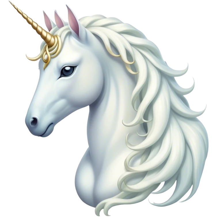 Beautiful and Majestic White Unicorn Portrait Emoji, Head and body exuding serene brilliance with a luminous, flowing mane and a gracefully spiraled horn, eyes gently closed in peaceful reverie, Simplified yet exquisitely enchanting features, highly detailed, glowing with a soft, celestial light, high shine, serene and utterly majestic, stylized with an air of timeless fantasy, soft glowing outline, capturing the essence of a beautiful and majestic white unicorn that embodies the pure magic of legend! emoji