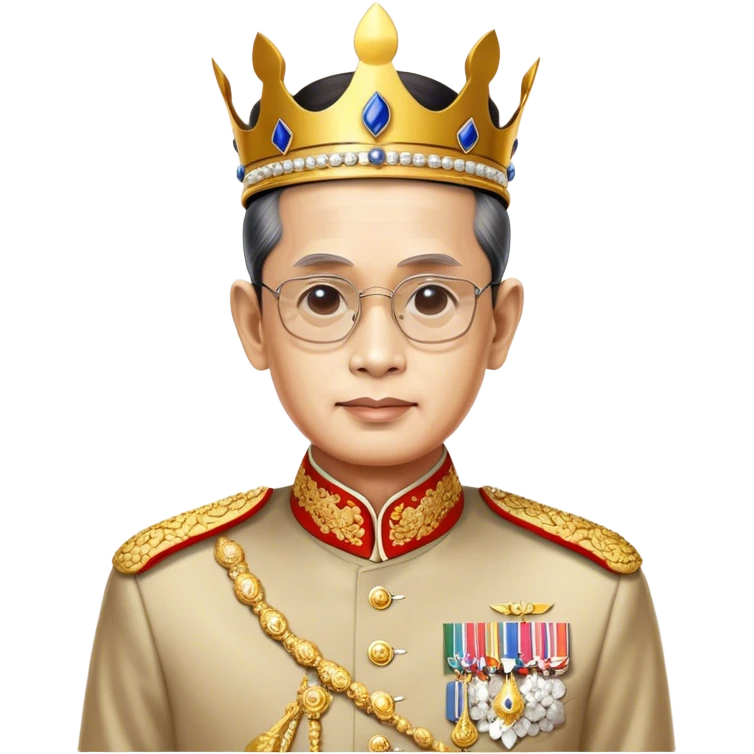 Cinematic Realistic King Bhumibol Adulyadej Portrait Emoji, depicted as a revered Thai monarch with a dignified expression and traditional royal attire, rendered with lifelike textures and soft regal lighting that captures his lasting legacy. emoji