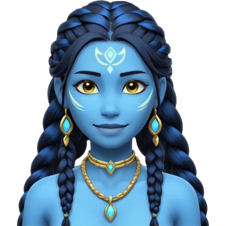avatar-style Na’vi female portrait, head and shoulders only, blue skin, glowing bioluminescent markings, long braided hair, subtle tribal jewelry, confident smile, 3D cartoon, mobile game icon style, clean background, no text, no watermark
 emoji