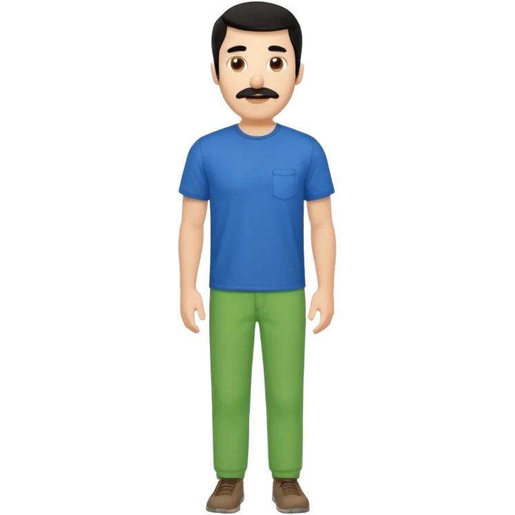 A man with black hair and too short beard and moustache and him wear a blue t shirt and green colour colour  emoji