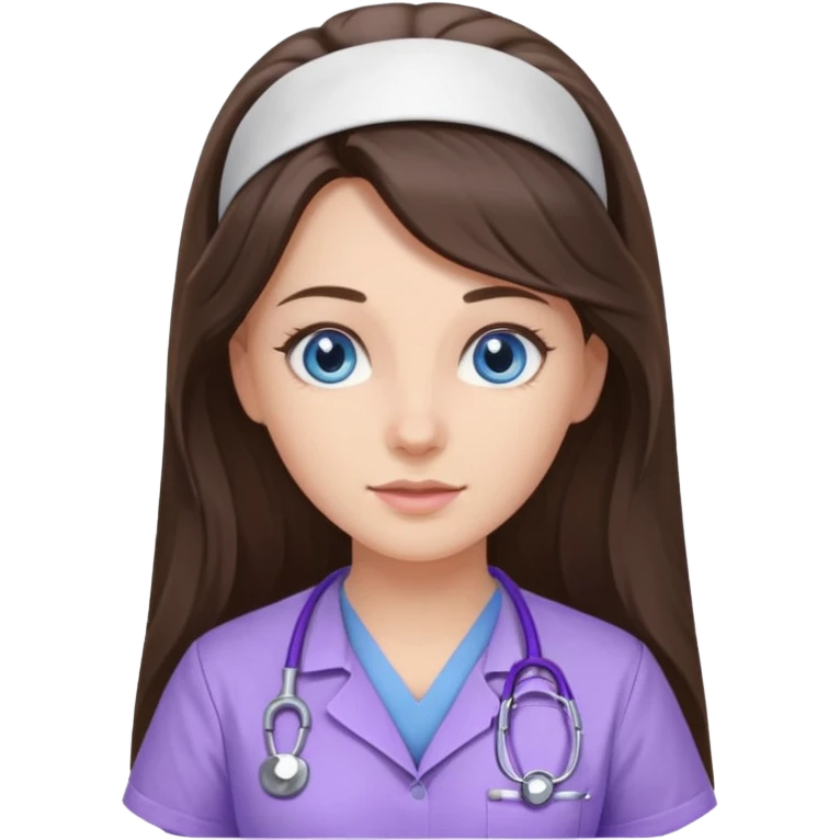 pretty brunette nurse with long hair and blue eyes in lilac scrubs emoji
