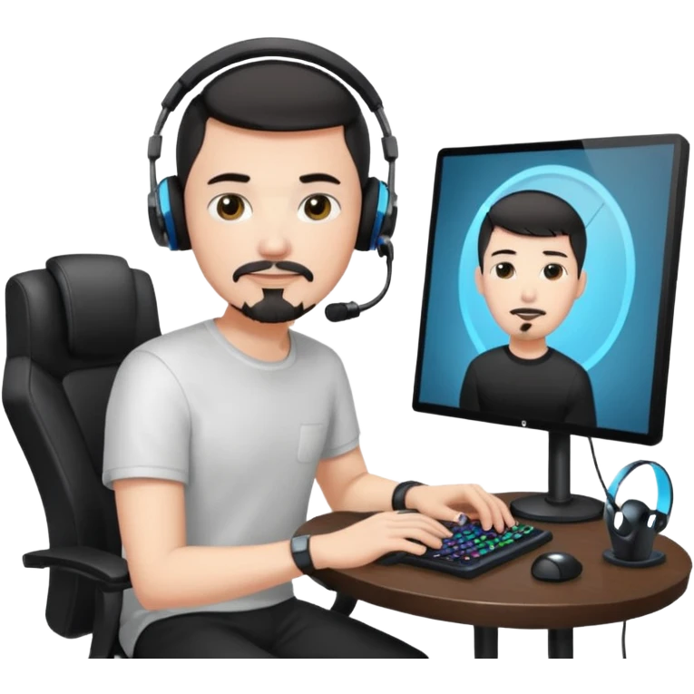 a setup of a youtuber, white skin, thin goatee, black short hair, with a desktop pc on a table, a gaming chair, microphone, ring light emoji