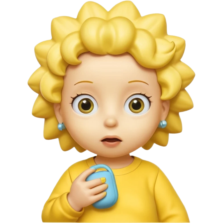 A 3D cartoon baby character yellow skin, styled like Maggie Simpson, with pacifier, yellow onesie, big eyes, smooth shading, Memoji-style rendering, consistent with other yellow Simpsons characters. emoji
