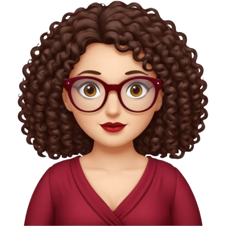 brunette , curly long hair , gray eyes , dark red glasses , curvy emoji