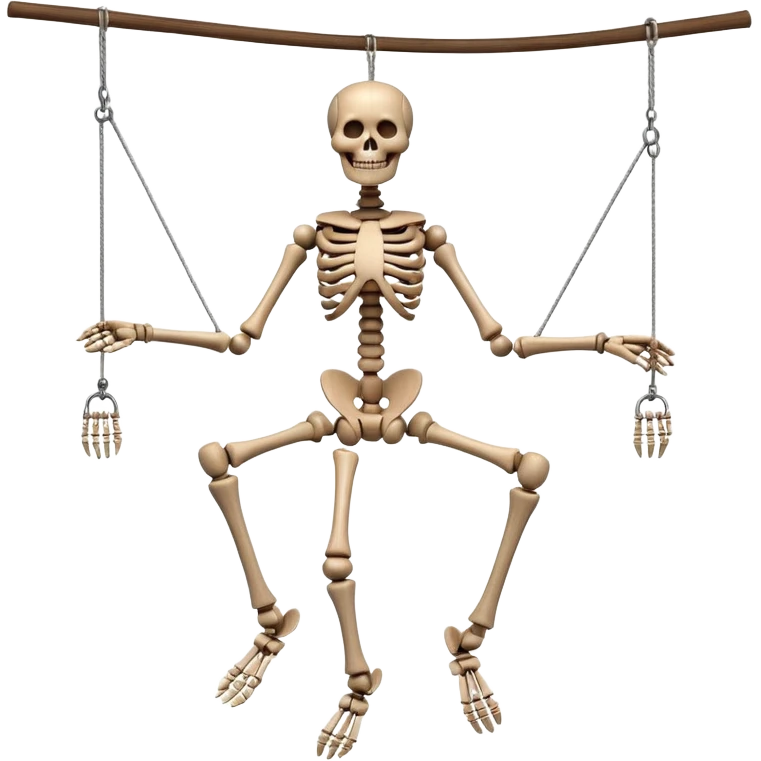 3D render of Skeleton Marionette as a wooden marionette puppet, Wooden bones, hanging loose, silver metal screw joints at elbows and knees, polished brown wood texture, rigid toy pose, Apple emoji style, isolated on white background --v 6.0. emoji