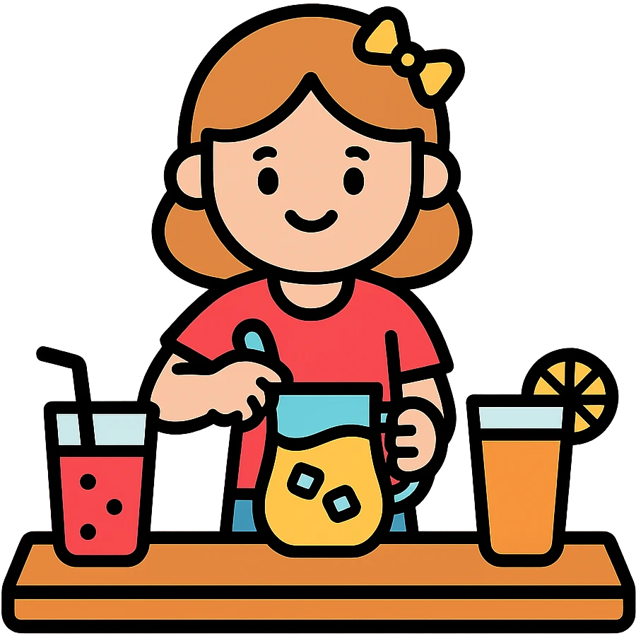 cartoon girl preparing cold drinks and juices on a table, bright colors emoji