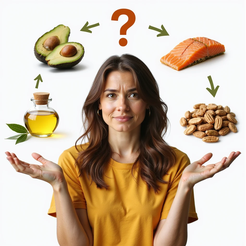 realistic woman with confused expression, slightly changed hand position, surrounded by realistic icons of healthy fats (avocado, olive oil, nuts, salmon), question mark above head, hyperrealistic details, natural light, PNG without background, variant 4 emoji