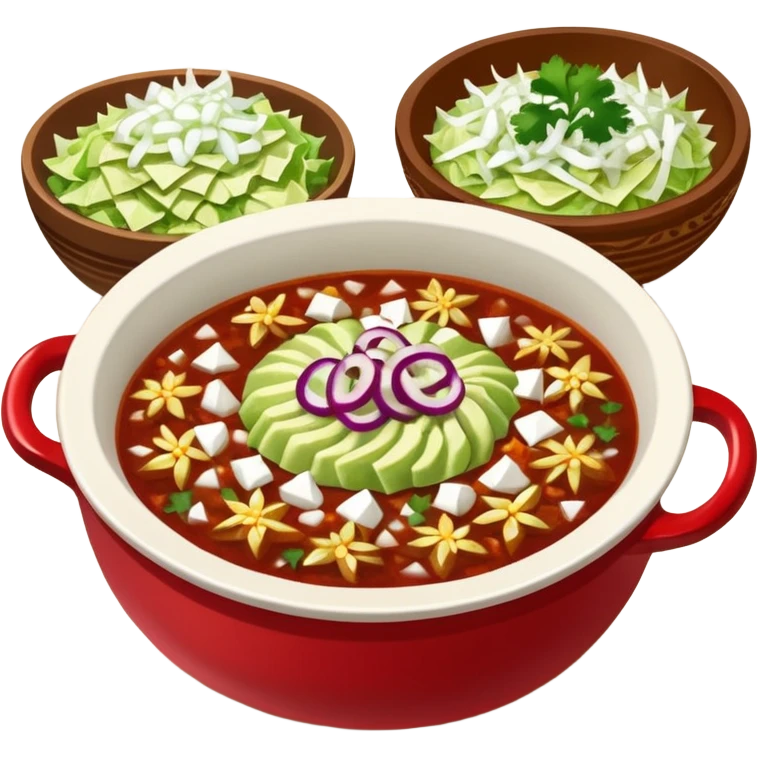 A delicious hot bowl of pozole rojo with the sides next to the bowl: chopped onions, shredded cabbage, lime wedges, red chile de arbol salsa, and full round tostadas emoji