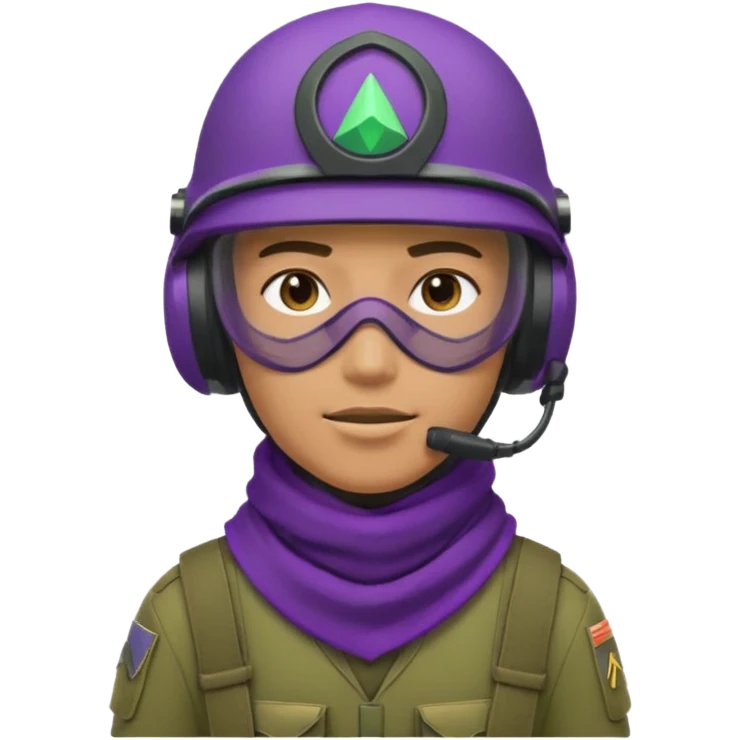 Реалистичный геймерский аватар в стиле военного комментатора: солдат в современном зелёном штурмовом шлеме с гарнитурой и закрытым тёмным забралом, без видимого лица, на шее фиолетовый платок/бафф треугольной формы. Справа от персонажа небольшая иконка видео , как кнопка стрима или записи. emoji
