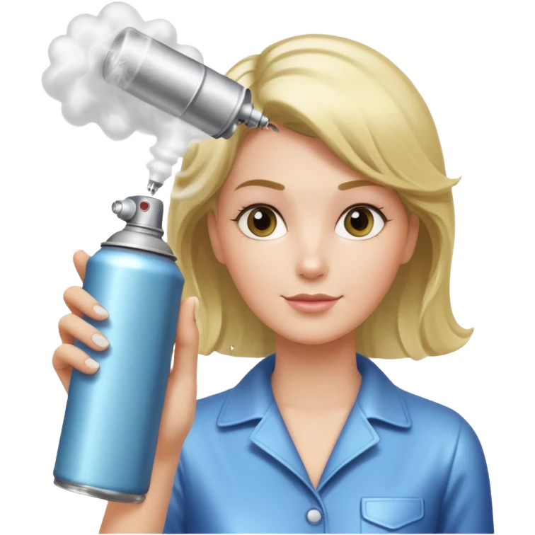 In her hand - a classic aerosol hairspray can (metallic cylinder, small spray nozzle on top). The can is spraying fine mist particles toward her hair, clearly visible as light translucent spray cloud. emoji