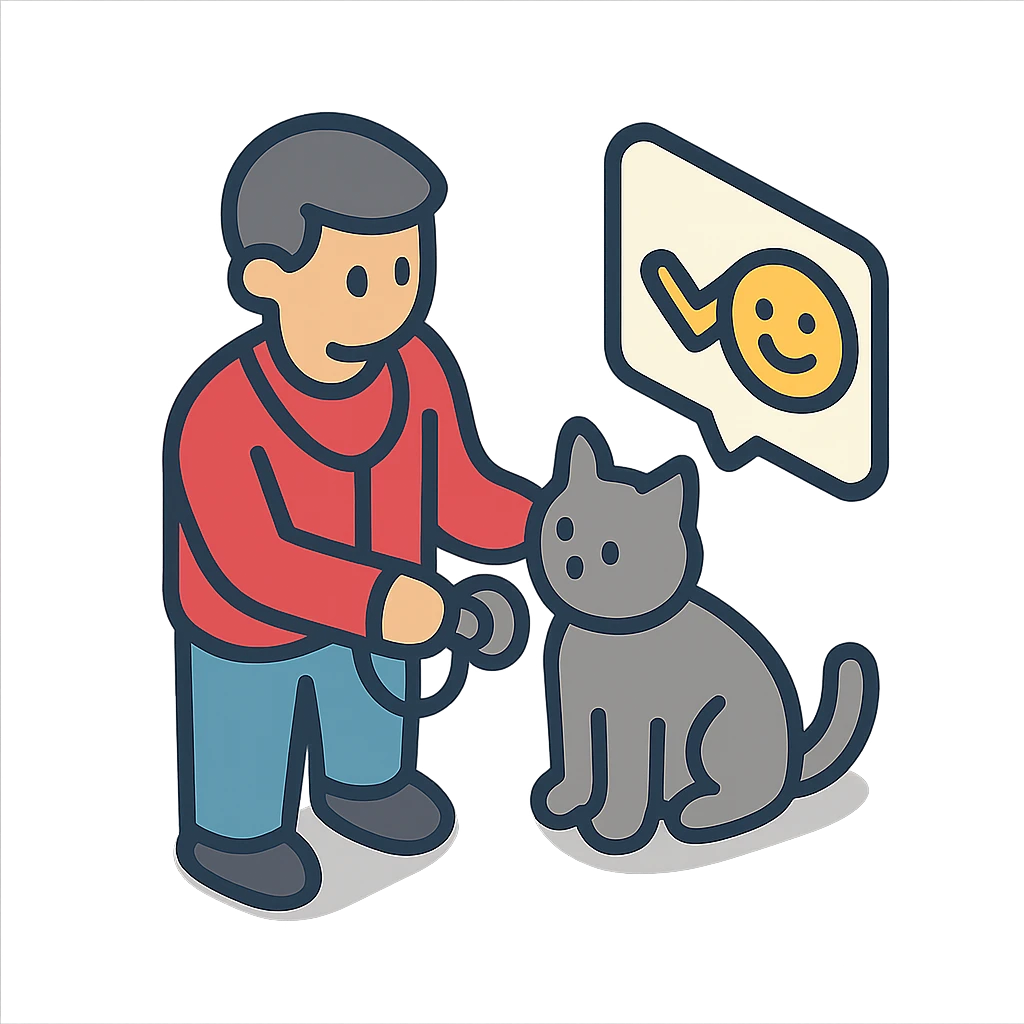 мужчина проверяет кошку, чтобы она была здорова и счастлива emoji