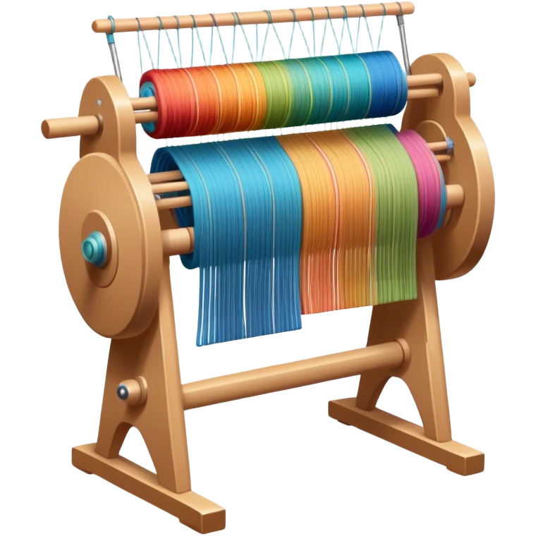 Weaving icon, loom with colorful fabric being woven, visible shuttle, spools of yarn, fabric swatches, sewing patterns, and finished clothing items, minimalistic style, clean lines, transparent background. emoji