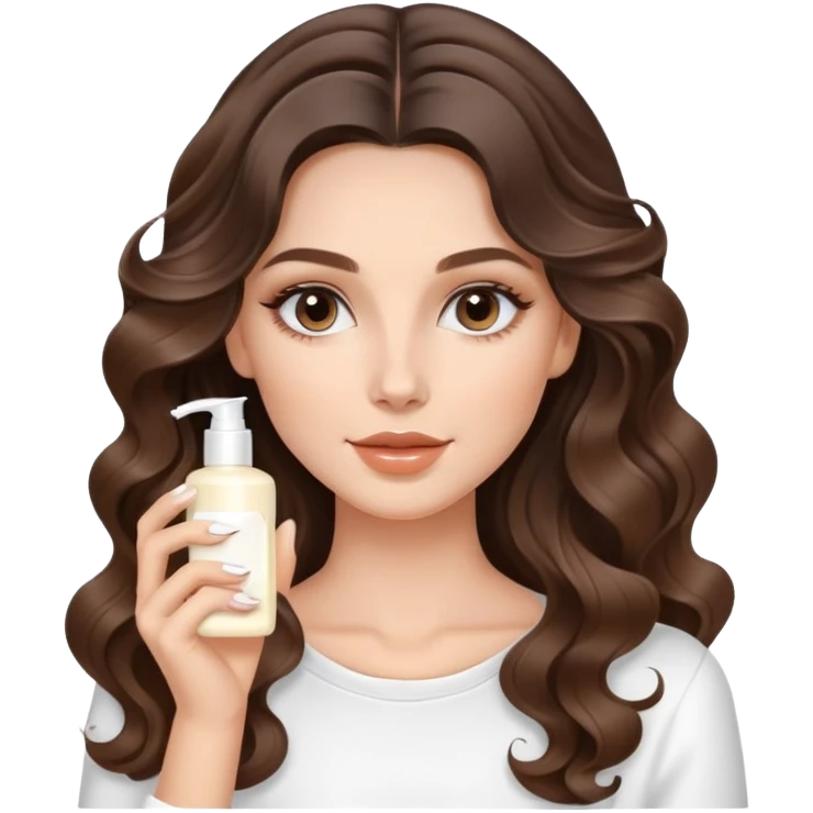 beautiful brunette with a light balayage white girl with nice curls/defined waves, very long hair, clean girl makeup APPLYING A FACE CREAM FOR SKINCARE emoji