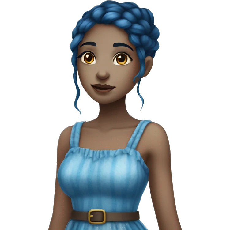 A beautiful blue skinned fantasy girl who has dark blue hair that shines. She has freckles on her nose and wears a cottage dress. emoji