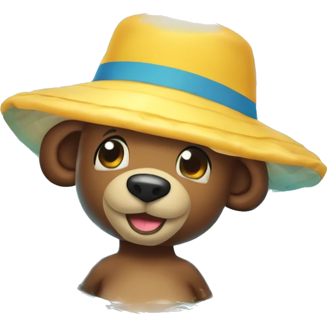 A little and very happu bear who wear a bucket hat swim in inflatable pool emoji