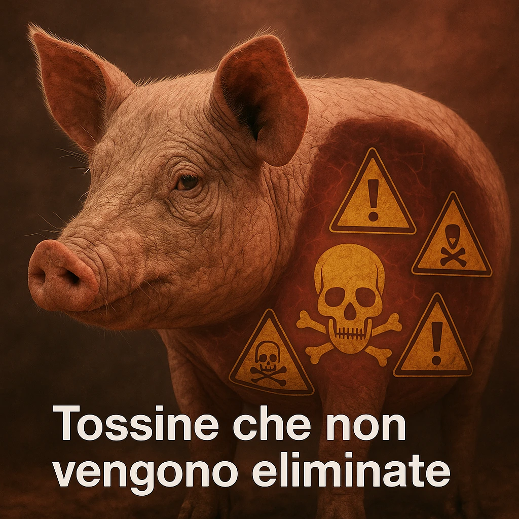 close-up of a pig with dry skin, toxin and poison symbols inside the body, health alert atmosphere, Italian text: 'Tossine che non vengono eliminate', 4K quality emoji