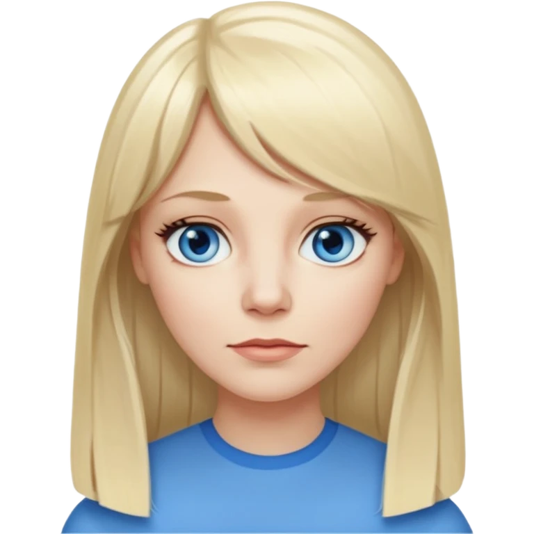 40 yr old white woman, pale skin, long straight blond hair parted in center, blue eyes, bangs emoji