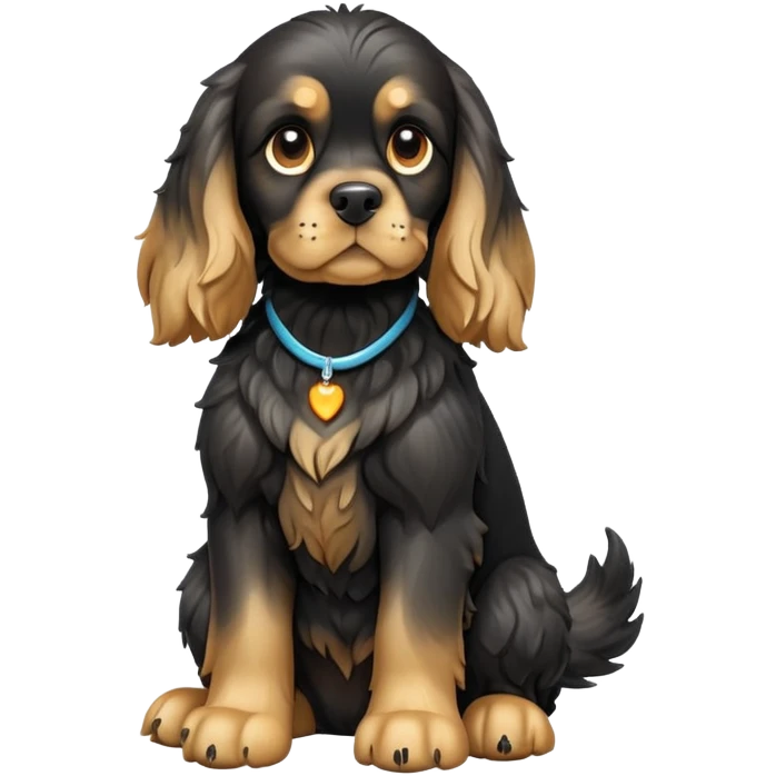 cinematic-[cocker spaniel dog]-realistic-full-body-sitting-emoji,-tail-resting-loosely-beside-its-paws,-head-tilted-dramatically,-scruffy-[black]-fur,-simplified-yet-realistic-focused-features,-highly-detailed,-glowing-with-an-almost-sarcastic-glow emoji