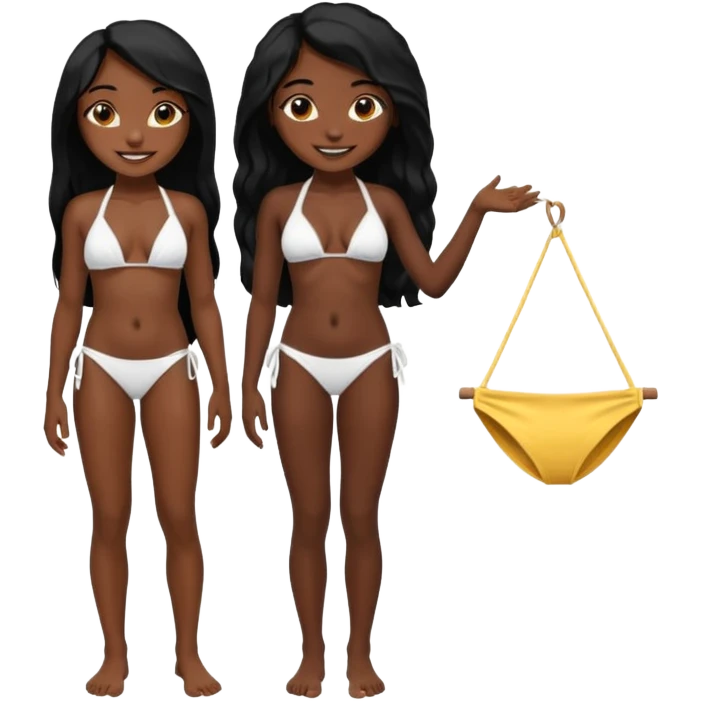Dark black skin, african girl, long black hair, white bikini smiling, full body, posing. emoji