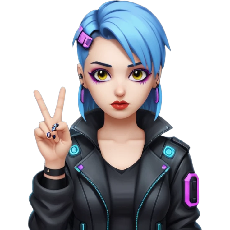 Woman with her tongue out in cyberpunk clothing and giving the middle finger. Looking naughty. emoji