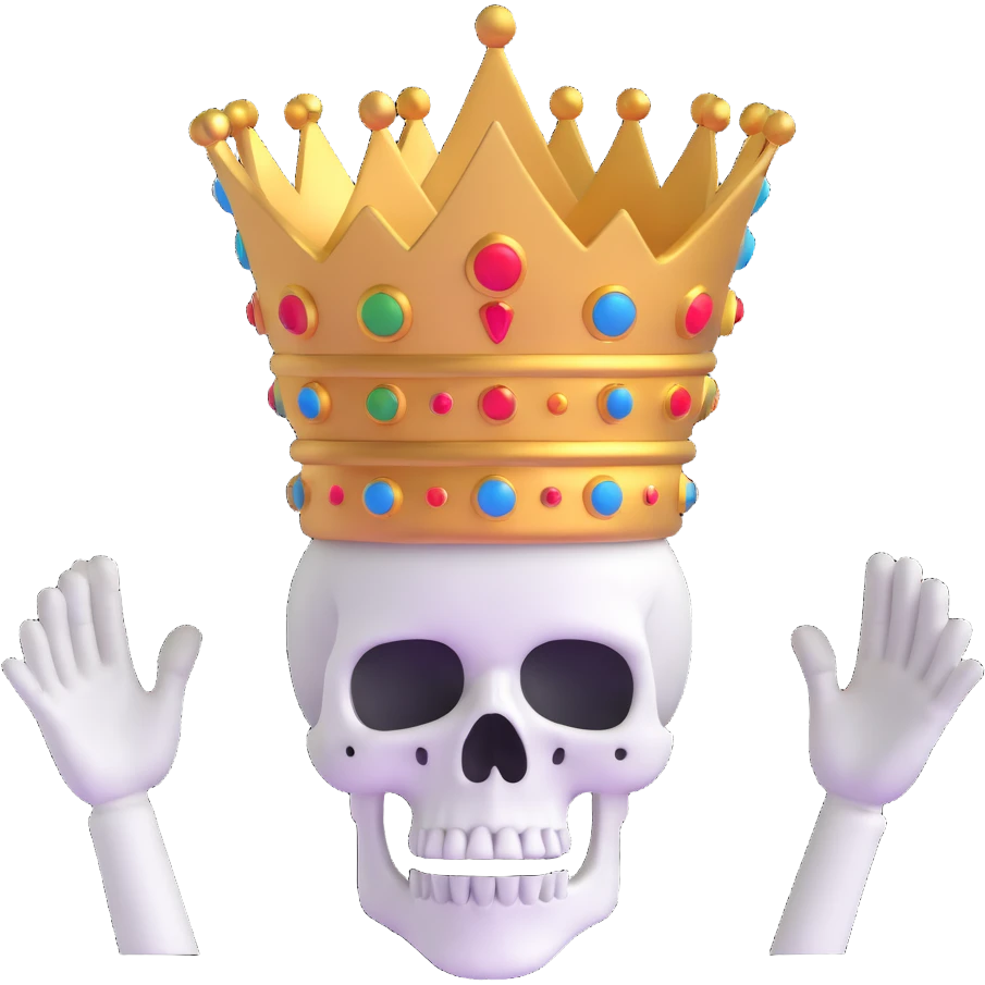 A shocked skull with a crown on top, both hands raised pressing on its head in disbelief, black and white emoji