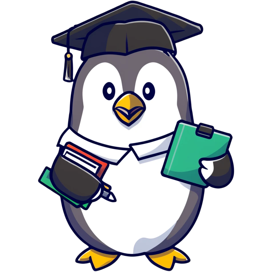 stern penguin school principal with clipboard and academic cap emoji