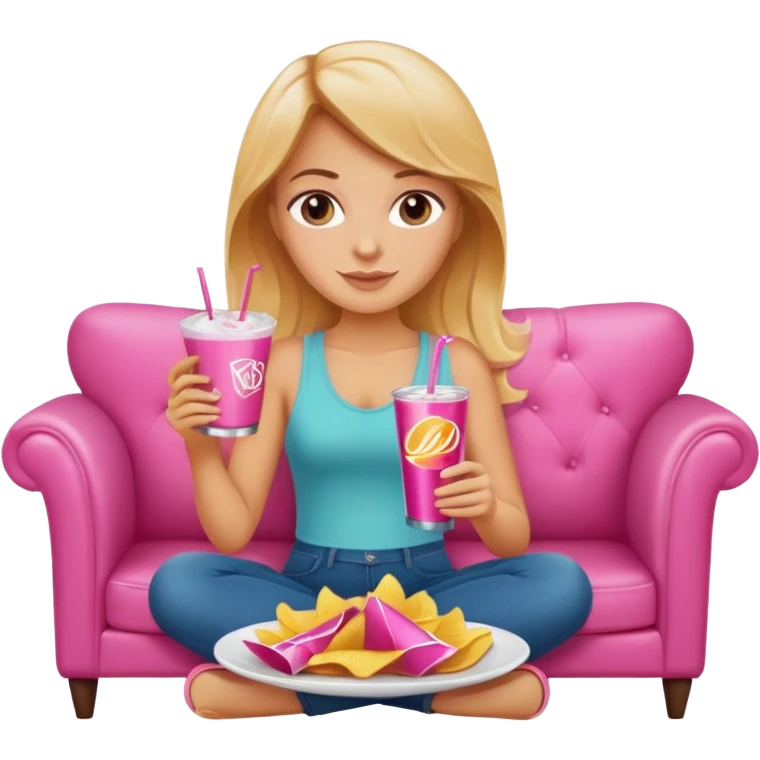 home white girl with plate of chips and soda drink, sitting at the pink sofa emoji