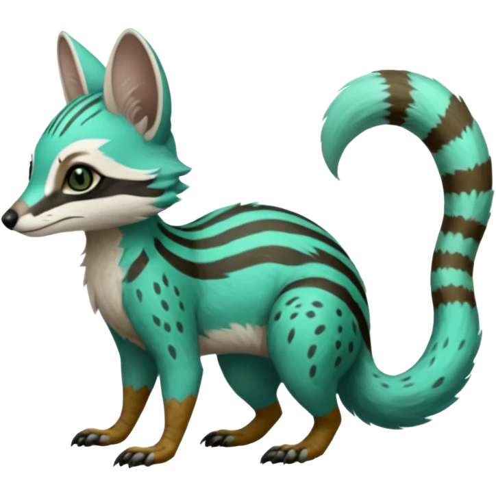 Feral Rare Fantasy minty-cyan Hunter-forest-green  Vernid-Gremz-Numbat-Sergal-Genet-Trico-species by LiLaiRa, random markings, tufted tail, tufted ears, full body emoji