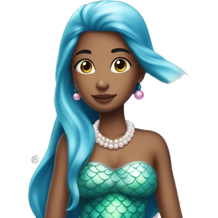Girl with blue straight hair And pearls on the hair and she has magical beautiful mermaid tail a pink one emoji