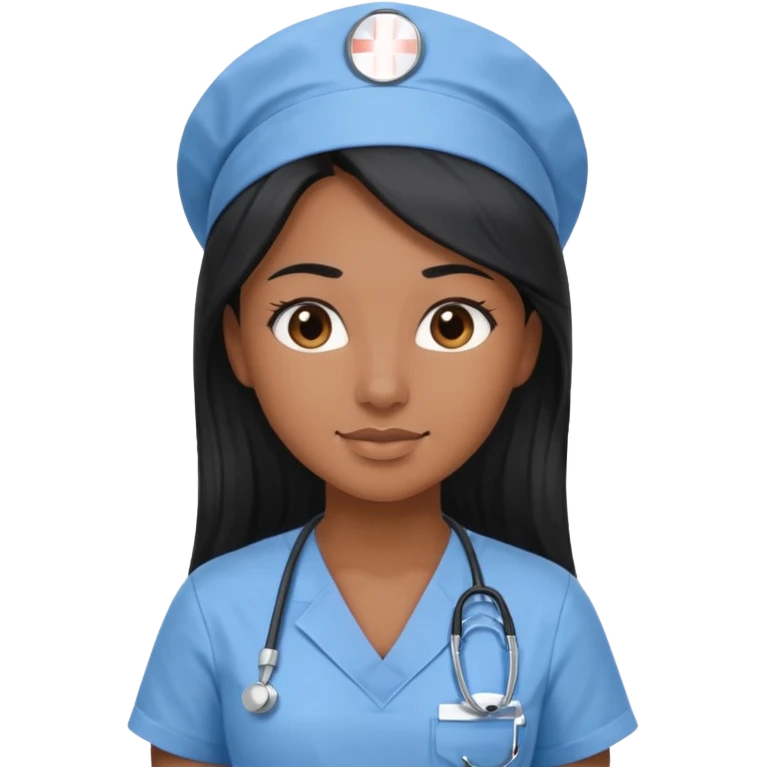 pretty brown skin nurse with long black hair and brown eyes in light blue scrubs emoji