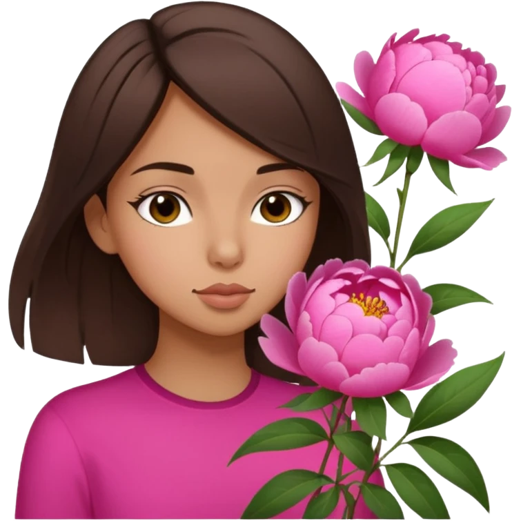 brunette girl smells flowers peonies emoji