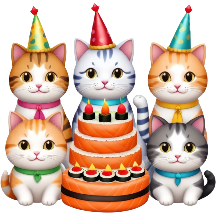 exactly six individual cats in a row celebrating one cat's birthday, each cat clearly visible and holding a piece of sushi, birthday cake in center, all six cats with party hats emoji