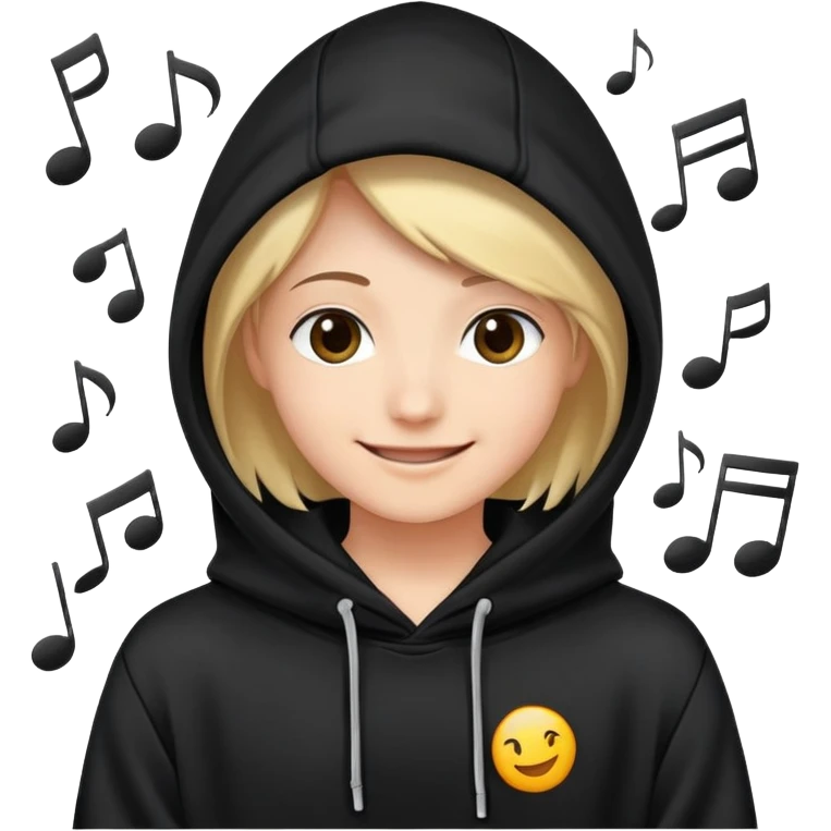 a smiling face peeking out from a hoodie with musical notes around emoji