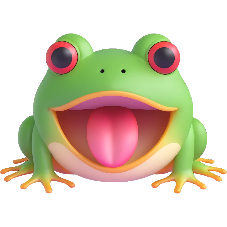 3D emoji style frog face, mouth open as if surprised, simple and cute emoji