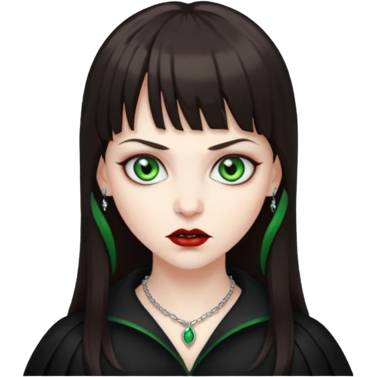 Faça uma vampira com olhos verdes e cabelos morenos com franja emoji