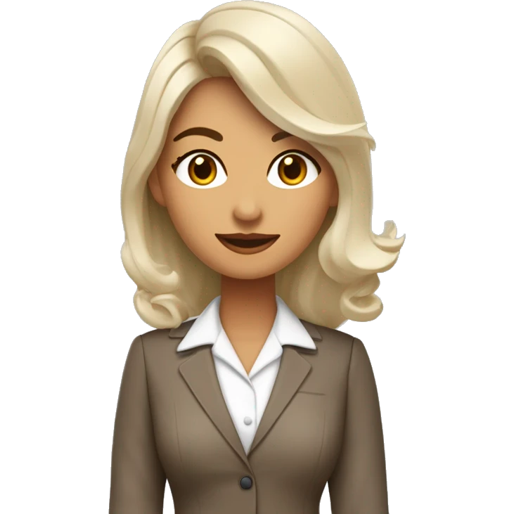 Arquitecto mujer joven con piel blanca y pecas en el rostro , cabello rizado café vestida con un traje sastre contemporáneo y moderno color beige y mocasines contemporáneos  emoji