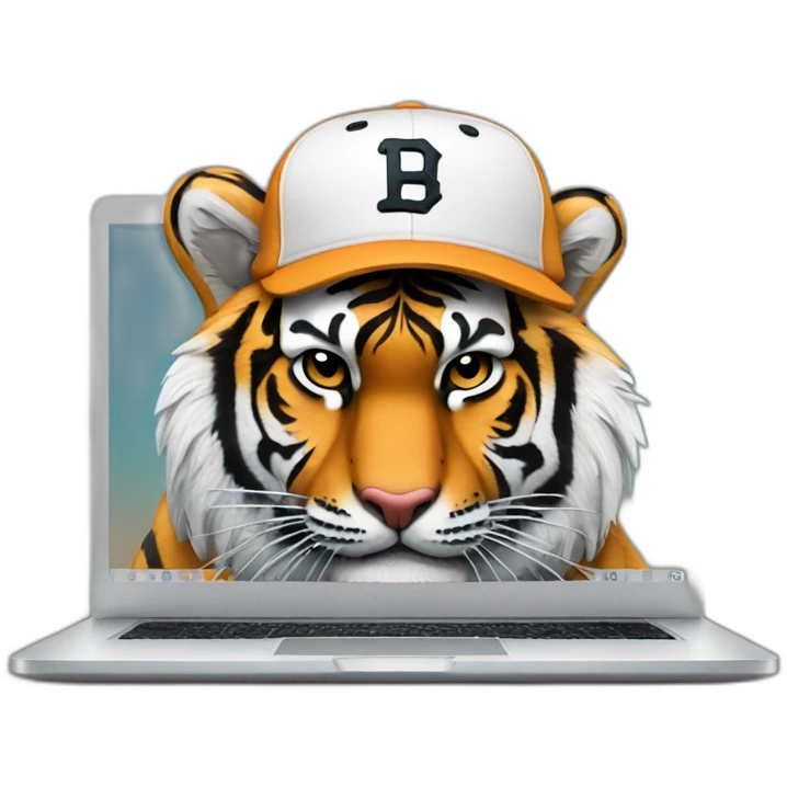 tiger wearing a baseball hat behind a laptop emoji