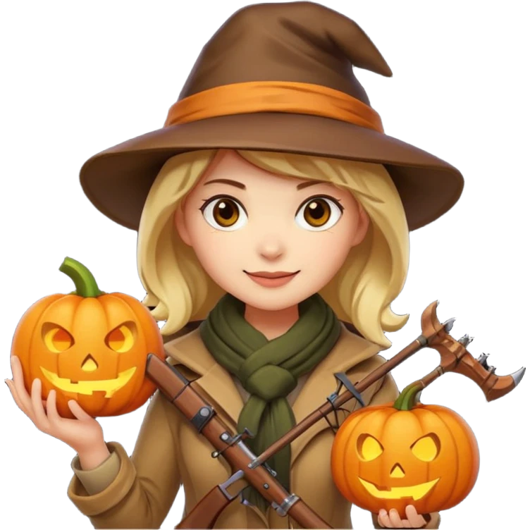 female human monster hunter emoji, wearing brown coat and hat, holding crossbow, soft smile, scarf, glowing pumpkin by her side, Halloween fantasy style, clean vector Apple emoji look, bright colors, white background, square emoji