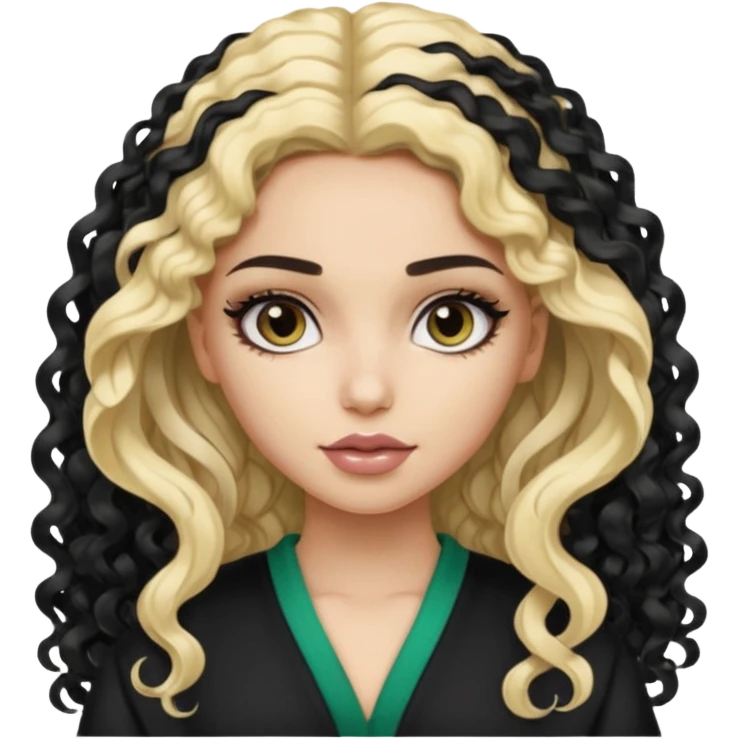 split dye leftside blonde rightside black curly hair, pretty pale saudi bratz baddie emoji