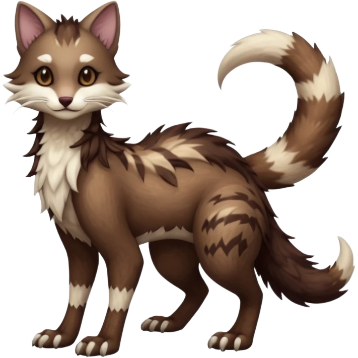 Kawaii dark edgy brown beige white fantasy ethereal feline-vernid-sergal-furret-fursona animal creature with a tufted tail full body with intricate markings  emoji