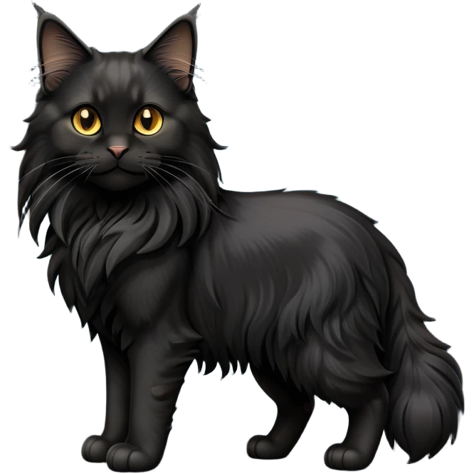 cinematic-black-maine-coon-cat-full-body-on all fours-emoji,-head-tilted-playfully-and-inquisitively,-sleek-solid black-fur,-simplified-yet-adorable-features,-highly-detailed,-glowing-with-a-warm,-friendly-glow -simplified-yet-realistic emoji