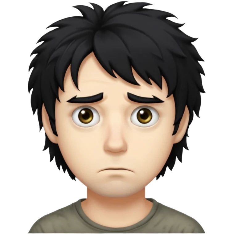 Hair: Messy, shaggy black hair that sticks out in uneven tufts, like he never bothers to style it.

Eyes: Big, heavy-lidded eyes with dark circles/eye bags, giving him a tired, haunted stare.

Skin: Very pale complexion emoji