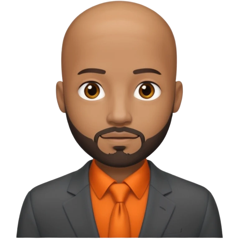 headshot of a sophisticated, stylish, bald head, small eyes Caribbean black man with a beard and goatee in a dark gray suit and orange shirt emoji