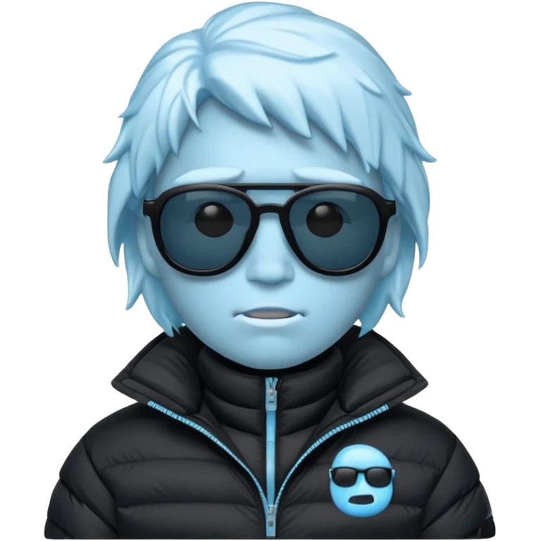 frozen ice face emoji wearing puffer jacket and cool blacked out shades, rap style underground aesthetic emoji